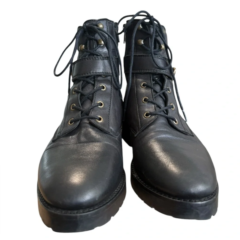 Sezane Black Leather Lace-Up Ankle Boots with Buckle